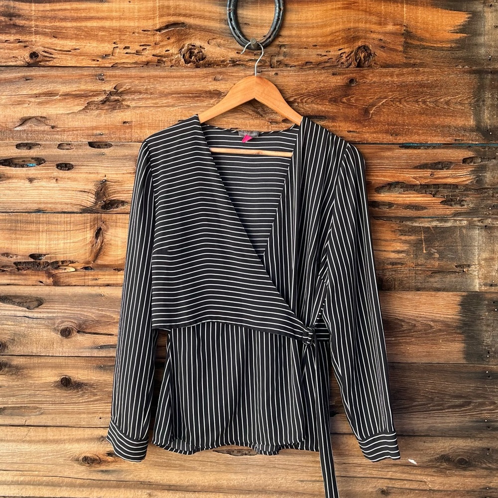 VINCE CAMUTO | Black and White Striped Wrap Blouse M